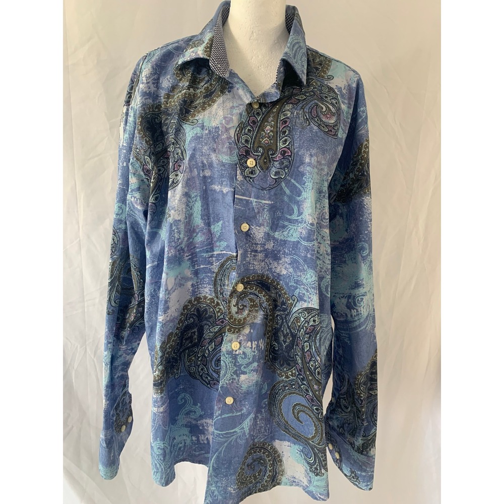 Tallia‎ Orange Mens XL Blue Paisley Abstract Print Cotton Button Down Shirt 17.5